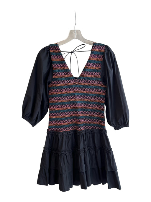 Love The Label Size XS Black & Multi Cotton V Neck Short Puff Sleeve Dress Black & Multi / XS