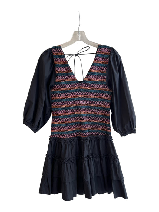 Love The Label Size XS Black & Multi Cotton V Neck Short Puff Sleeve Dress Black & Multi / XS