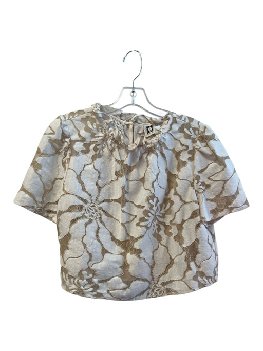Anne Klein Size Est Small Cream Cotton Blend Short Sleeve High Neck Floral Top Cream / Est Small