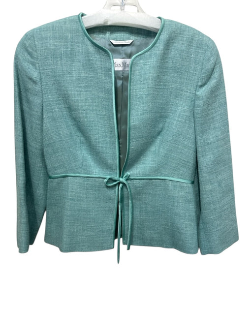 MaxMara Size 6 Teal Linen Blend Shoulder Pads Tie Detail Long Sleeve Jacket Teal / 6