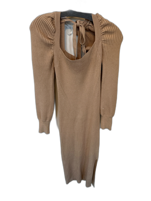 Charles Henry Size Xs Tan Viscose Blend Long Sleeve Ribbed Back Tie Maxi Dress
