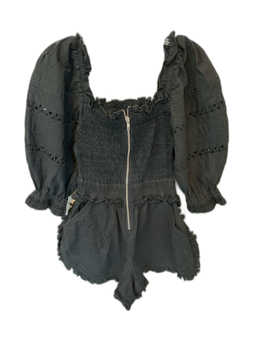 Sea New York Size 0 Black Cotton Long Balloon Sleeve Front Zip Ruffles Romper Black / 0