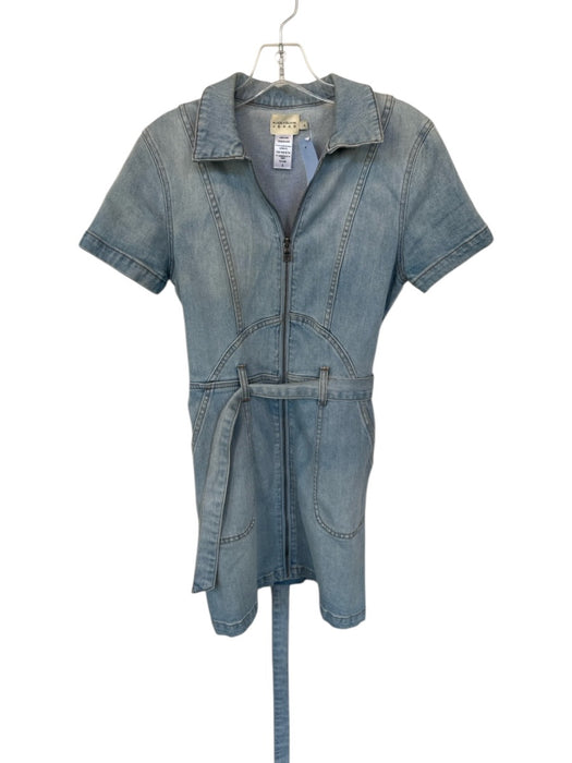 Alice + Olivia Size 4 Light Wash Cotton Blend Denim Zip Up Short Sleeve Dress Light Wash / 4
