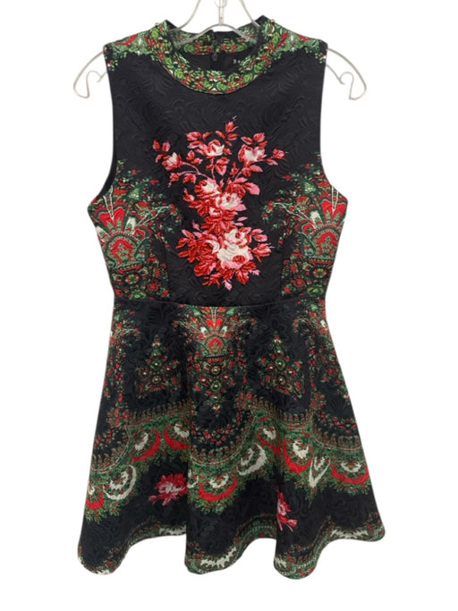 Beulah Size S Black, Red, Green Polyester Blend Beaded Floral high neck Dress Black, Red, Green / S