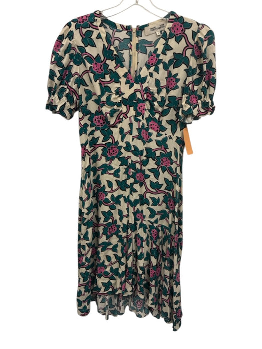 Diane Von Furstenberg Size 4 cream, teal, pink Rayon Floral Midi Dress cream, teal, pink / 4