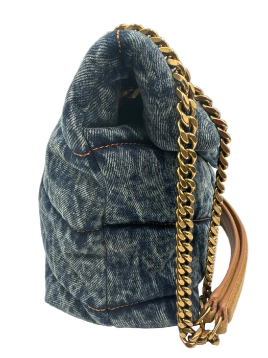 Saint Laurent Blue & Brown Textile Quilted Gold Logo Magnetic Flap Bag