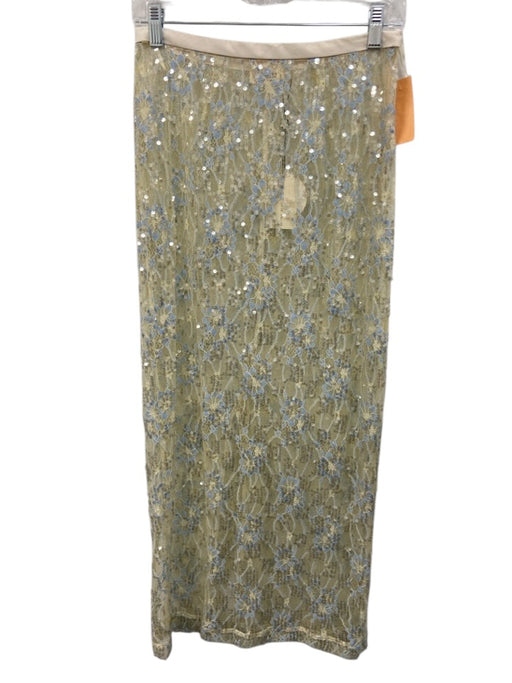 Vrg Grl Size 8 Cream & Blue Polyester Floral Lace Sequins Sheer Maxi Skirt Cream & Blue / 8