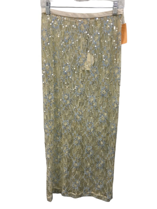 Vrg Grl Size 8 Cream & Blue Polyester Floral Lace Sequins Sheer Maxi Skirt Cream & Blue / 8