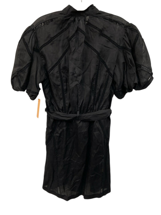 Frame Size S Black Ramie ladder lace Short Puff Sleeve Button Front Sash Dress Black / S
