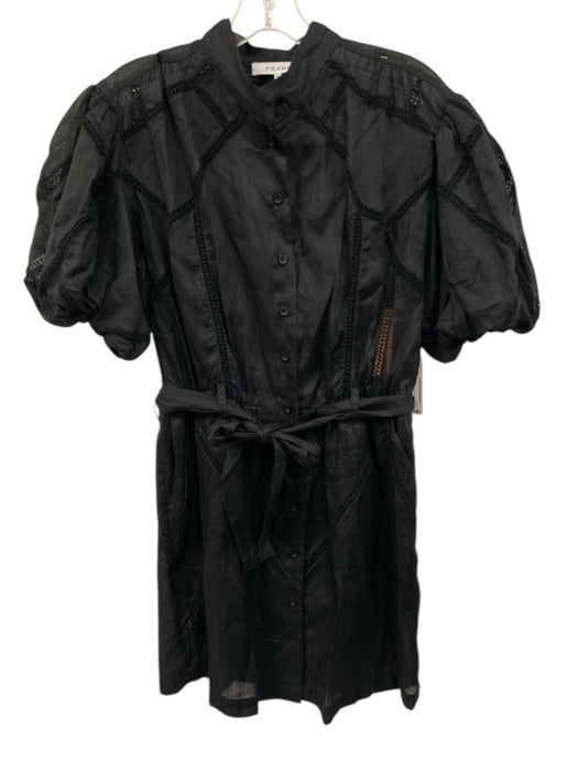 Frame Size S Black Ramie ladder lace Short Puff Sleeve Button Front Sash Dress Black / S