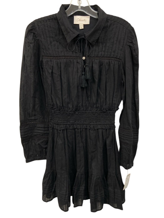 Cleobella Size S Black Cotton Long Sleeve Elastic Waist Mini Tie Neck Dress Black / S