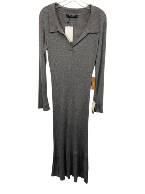 CAARA Size S Gray Acrylic Blend Ribbed Knit Collar V Neck Long Sleeve Maxi Dress Gray / S