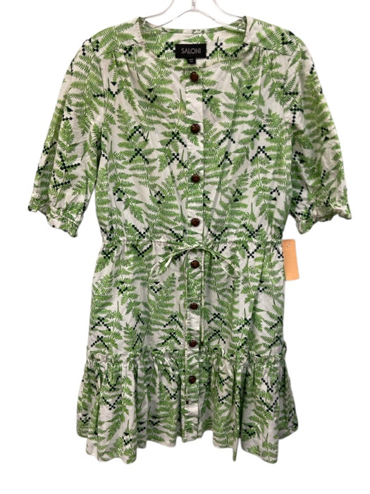 Saloni Size S / 6 Green & White Cotton Knee Length Fern Leaf Print Dress Green & White / S / 6