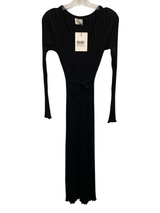 Dissh Size S Black Viscose & Nylon Blend Ribbed Knit V Neck Tie Waist Dress Black / S