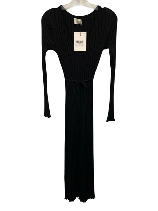 Dissh Size S Black Viscose & Nylon Blend Ribbed Knit V Neck Tie Waist Dress Black / S