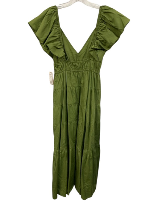 Moon River Size S Green Cotton Tie V Neck Short Flutter Sleeve Midi Dress Green / S