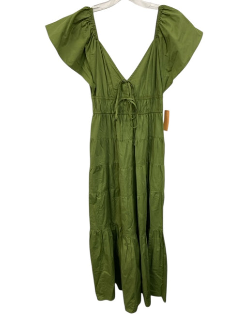Moon River Size S Green Cotton Tie V Neck Short Flutter Sleeve Midi Dress Green / S