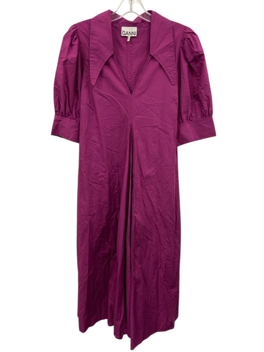 Ganni Size S / 36 Purple Cotton V Neck Half Puff Sleeve V Neck & Collar Dress Purple / S / 36