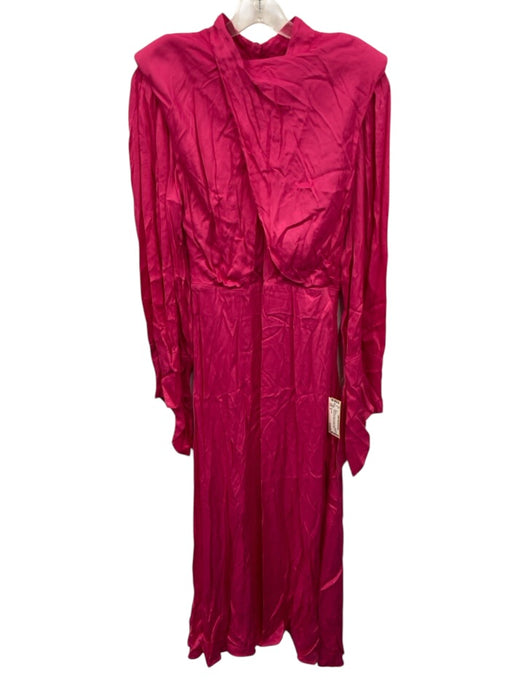 Farm Rio Size S Bright Pink Viscose Satin Long Sleeve Front Cut Out Midi Dress Bright Pink / S