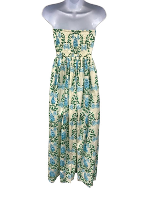 Letmebe Size S Cream, Blue, Green Cotton Floral Strapless Maxi Dress Cream, Blue, Green / S