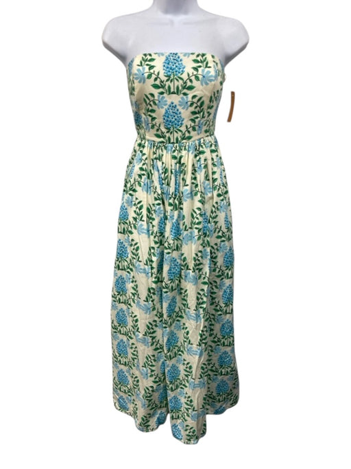 Letmebe Size S Cream, Blue, Green Cotton Floral Strapless Maxi Dress Cream, Blue, Green / S