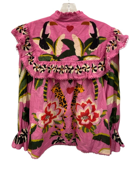 Farm Rio Size S Pink & Multi Cotton Long Sleeve Ruffled Yoke Top Pink & Multi / S