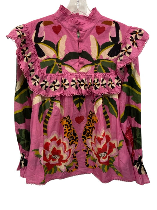 Farm Rio Size S Pink & Multi Cotton Long Sleeve Ruffled Yoke Top Pink & Multi / S