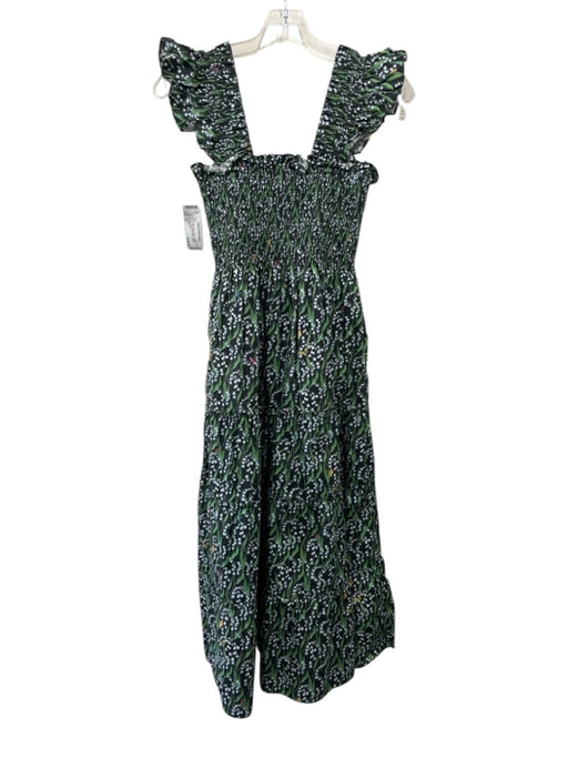 Hill House Size XS Black, Green, Blue Cotton Smocked Bodice Floral Midi Dress Black, Green, Blue / XS