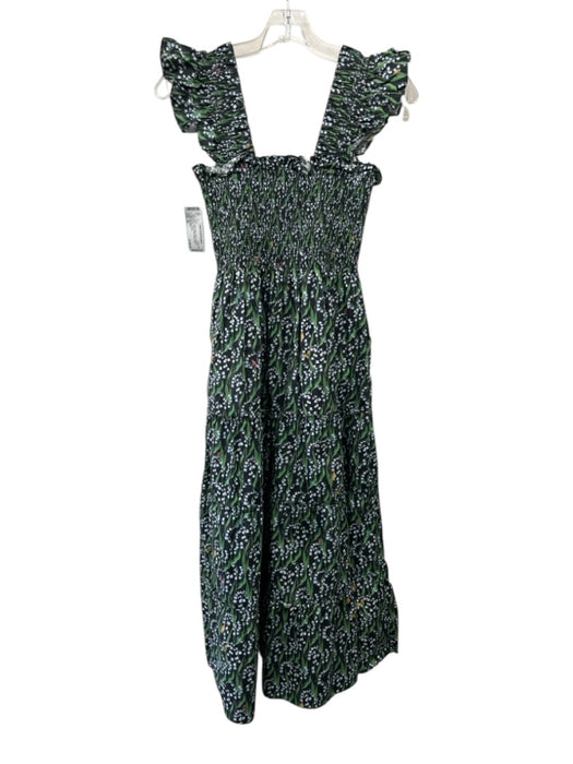 Hill House Size XS Black, Green, Blue Cotton Smocked Bodice Floral Midi Dress Black, Green, Blue / XS