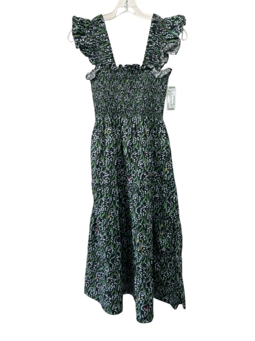 Hill House Size XS Black, Green, Blue Cotton Smocked Bodice Floral Midi Dress Black, Green, Blue / XS