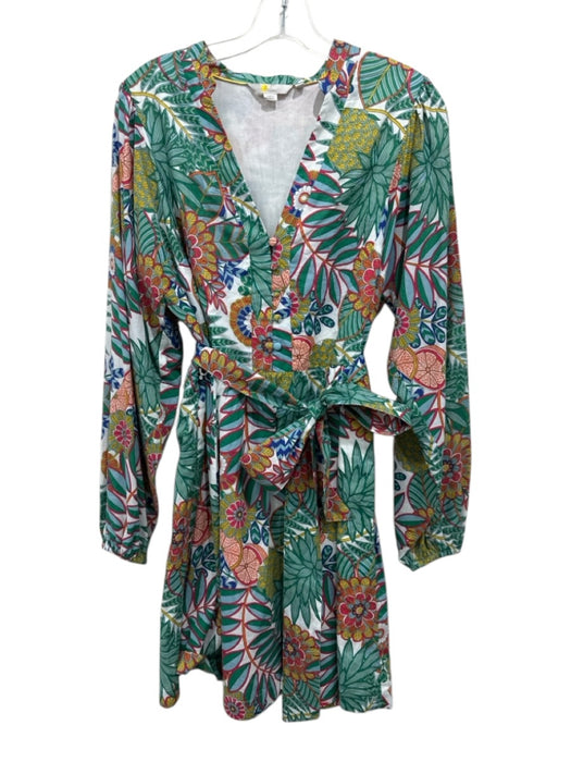 Boden Size 10 Green, Red, Yellow Cotton Graphic Floral Long Balloon Sleeve Dress Green, Red, Yellow / 10
