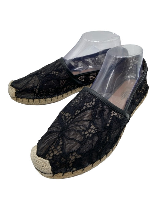Valentino Shoe Size 38 Black & Tan Lace & Rattan Flat Espadrille Sandals Black & Tan / 38