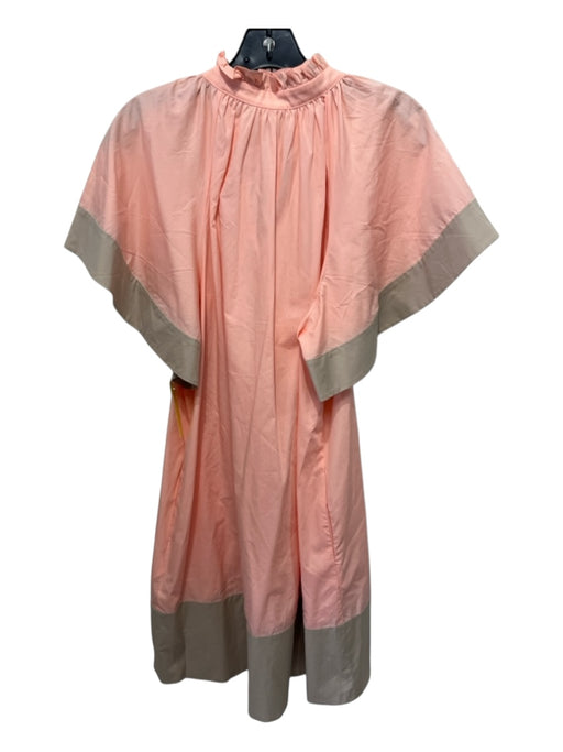 Pearl Size M Pink & Taupe Cotton V Neck color block Ruffle collar Tassel Dress Pink & Taupe / M