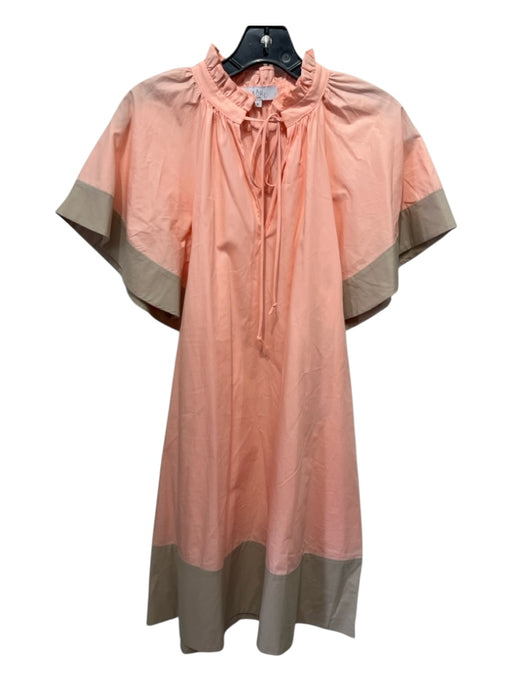 Pearl Size M Pink & Taupe Cotton V Neck color block Ruffle collar Tassel Dress Pink & Taupe / M