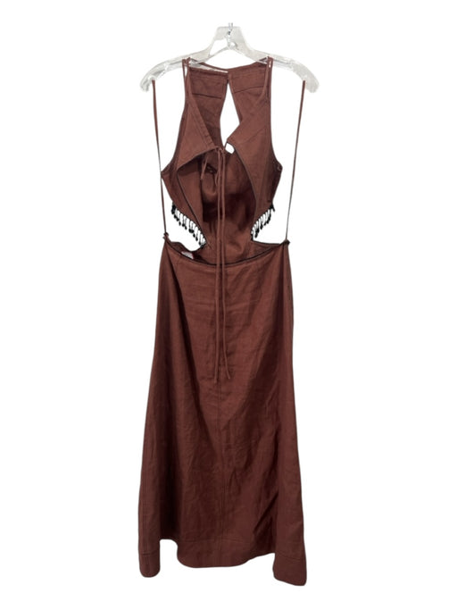 Ganni Size 40 Brown Hemp Cut Out Back Tie Beaded Sleeveless Dress Brown / 40