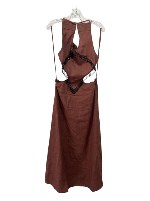 Ganni Size 40 Brown Hemp Cut Out Back Tie Beaded Sleeveless Dress Brown / 40