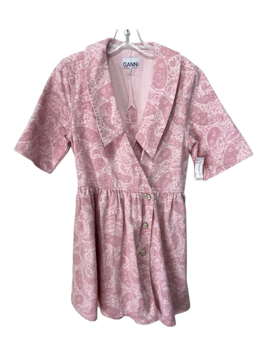 Ganni Size 38 Pink Print Cotton Paisley Buttons 3/4 Sleeve Collar Dress Pink Print / 38