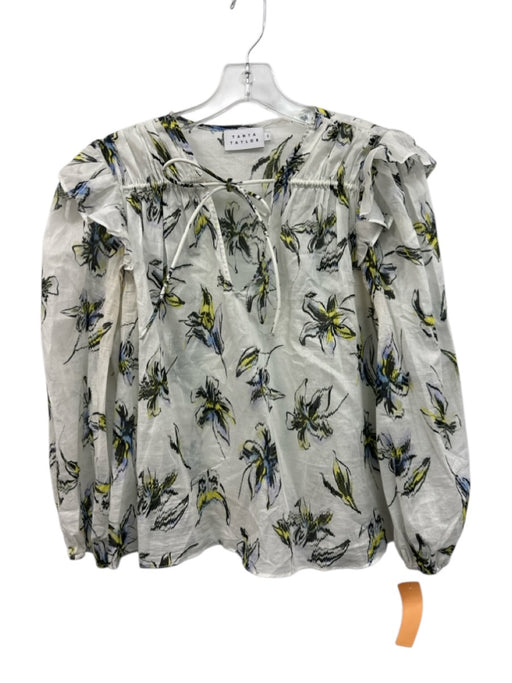 Tanya Taylor Size S White, Blue, Yellow Cotton Semi Sheer Flowers Tie Neck Top White, Blue, Yellow / S