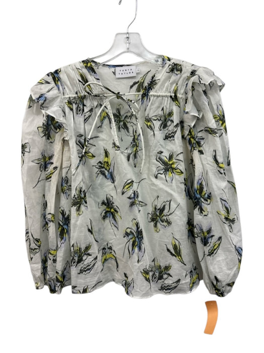 Tanya Taylor Size S White, Blue, Yellow Cotton Semi Sheer Flowers Tie Neck Top White, Blue, Yellow / S