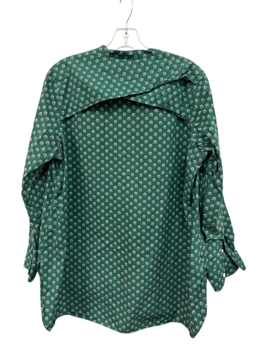 Ann Mashburn Size L Green Cotton Flowers Collarless Button Down Top Green / L