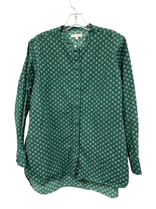 Ann Mashburn Size L Green Cotton Flowers Collarless Button Down Top Green / L