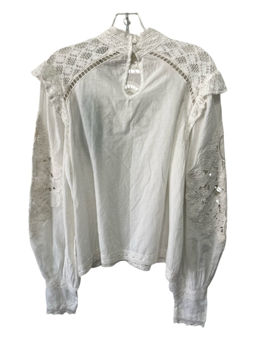 Farm Rio Size M Off White Cotton Embroidered High Neck Long Sleeve Lace Top Off White / M