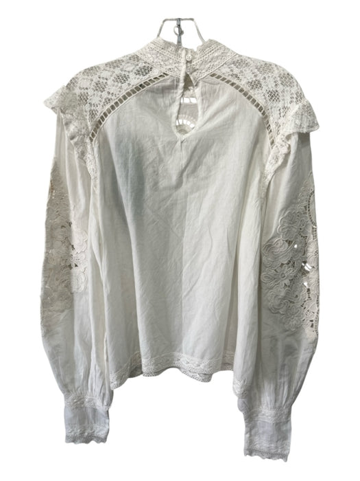 Farm Rio Size M Off White Cotton Embroidered High Neck Long Sleeve Lace Top Off White / M