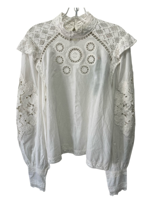 Farm Rio Size M Off White Cotton Embroidered High Neck Long Sleeve Lace Top Off White / M