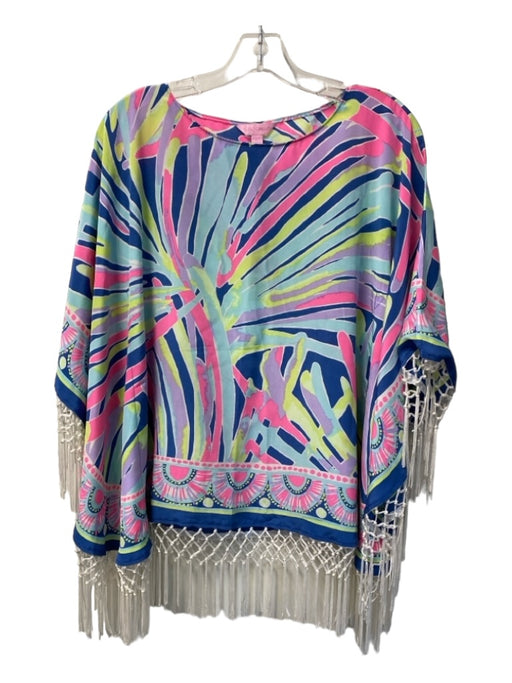 Lilly Pulitzer Blue, Pink & Green Silk Abstract Drop Shoulder Round Neck Poncho Blue, Pink & Green / XXS/XS