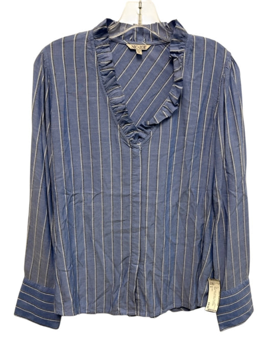 Nic + Zoe Size S Blue & Multi Viscose Long Sleeve Stripes V Neck Ruffles Top Blue & Multi / S