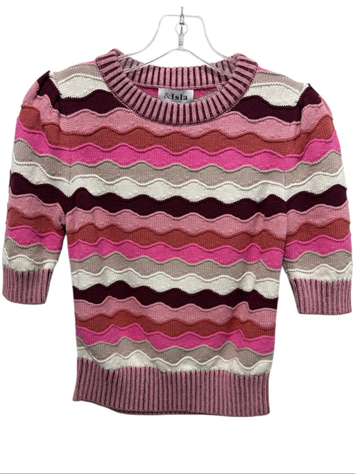 & Isla Size S Pink, Orange, Beige Cotton Short Sleeve Abstract Stripe Sweater Pink, Orange, Beige / S