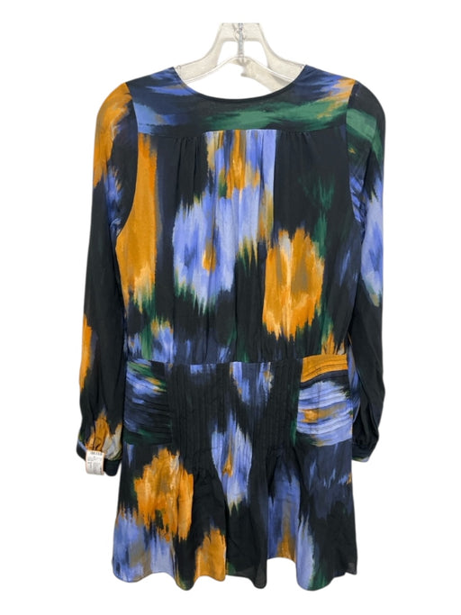 Marie Oliver Size 6 Black, Blue, Yellow Silk Long puff sleeve Buttons Mini Dress Black, Blue, Yellow / 6