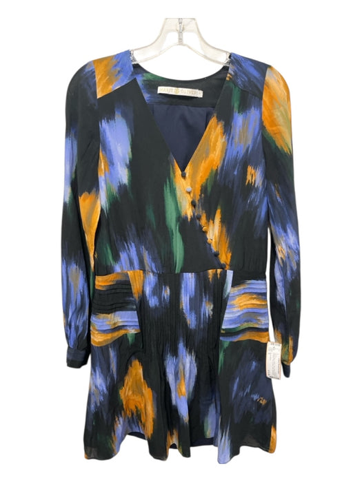 Marie Oliver Size 6 Black, Blue, Yellow Silk Long puff sleeve Buttons Mini Dress Black, Blue, Yellow / 6