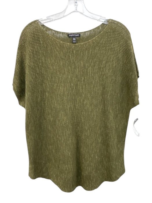 Eileen Fisher Size XS Forrest Green Linen Wide Neck Ribbed Cap Sleeve Sweater Forrest Green / XS